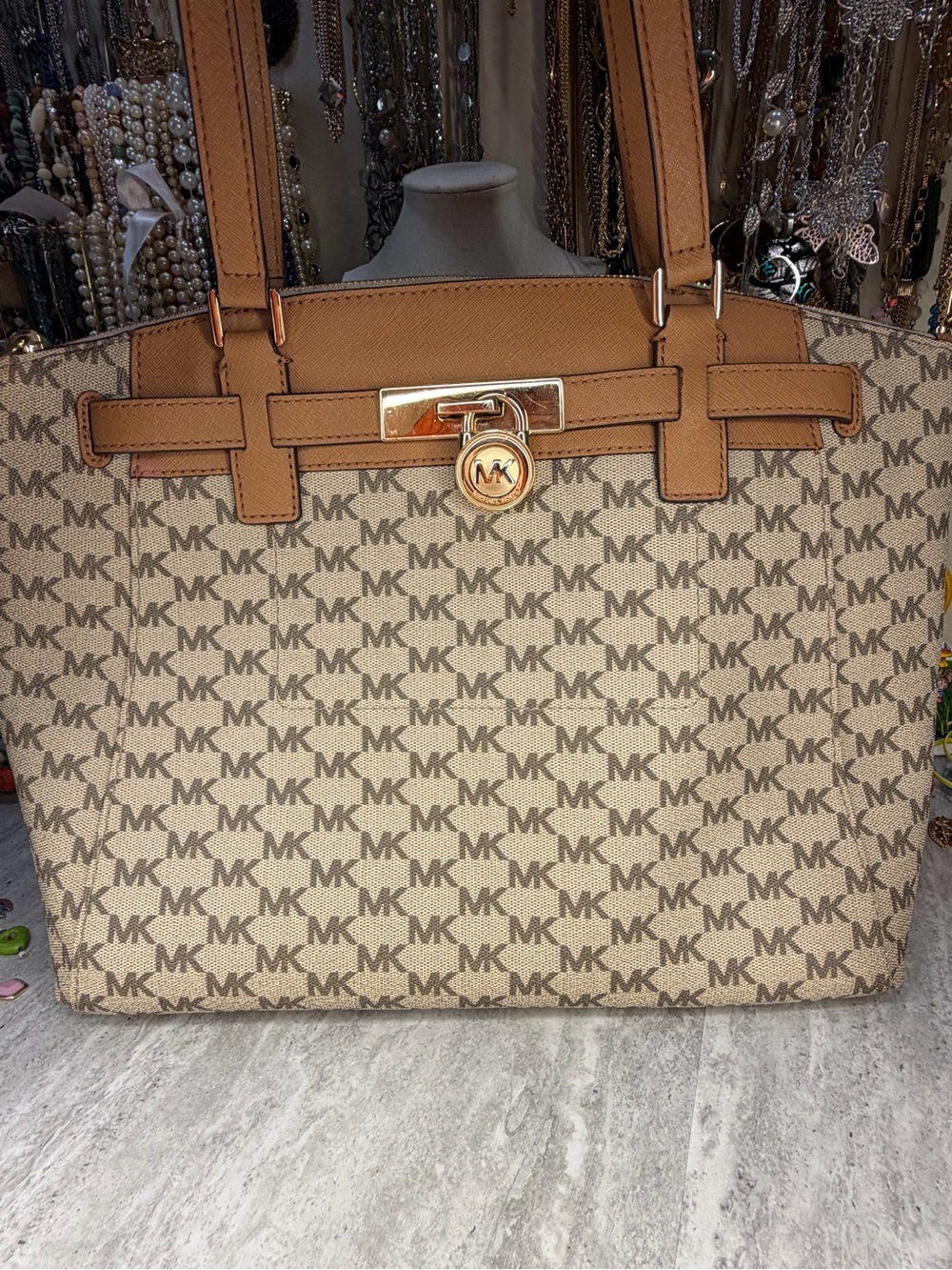 Michael Kors Large Monogram Satchel Tote Signature Brown Shoulder Bag Purse